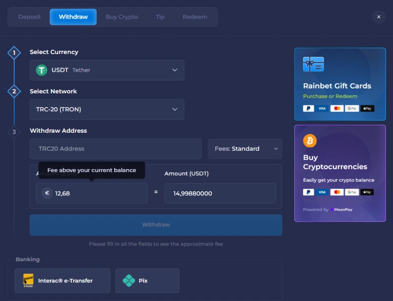 rainbet withdrawal page